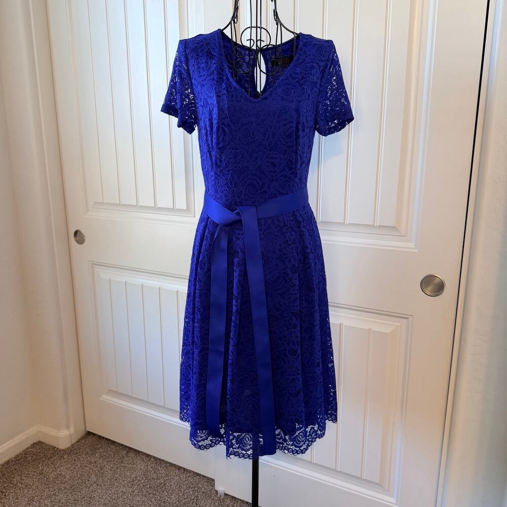Small - Royal Blue Lace Dress - Belted - Knee Length